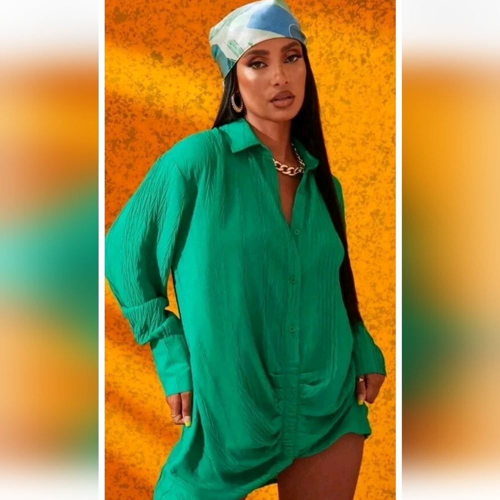 Pretty Little Thing Green Shirt Dress Textured Gathered Long Sleeve Size 16 NWT